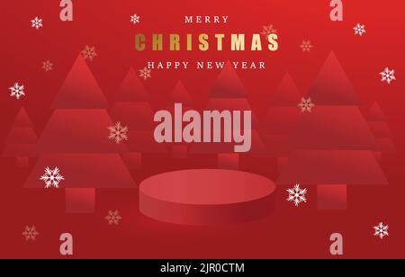 Fröhliches Weihnachtsbanner mit Produktpodium auf rotem Hintergrund mit papiergeschnittenem Weihnachtsbaum und Schnee. Vektorgrafik Stock Vektor