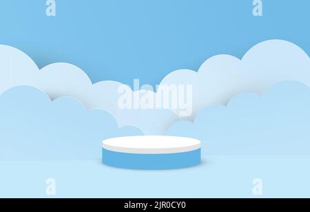 Papierschnitt von weißen und blauen Farbe Zylinder Podium für Produkte Display-Präsentation auf blauem Hintergrund. Podium mit Raum Konzept Hintergrund für Kinder Stock Vektor
