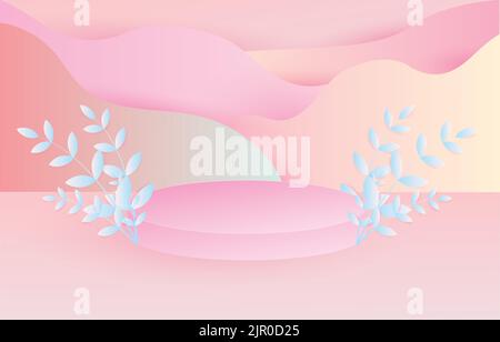 Abstrakte Minimalszene mit geometrischen Formen in pastellfarbenem Hintergrund mit blauen Pflanzenblättern. Produktpräsentation, Mockup, Showprodukt, Podium, Bühne ped Stock Vektor