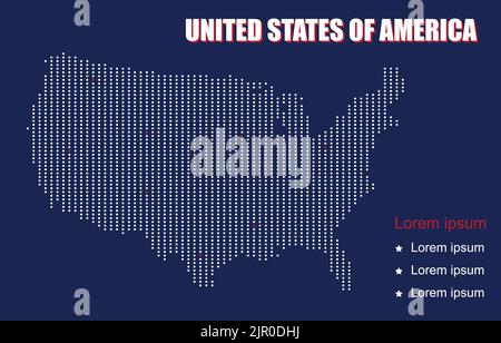 Nützliche Infografik-Vorlage. Pixel gepunktete Karte der Vereinigten Staaten von Amerika in USA Flagge Farbthema. Kommunikationsnetzkonzept 5G, IoT (Internet of Stock Vektor