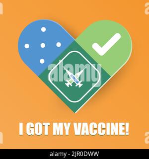 Impfpass mit Zitat - ich habe meinen Impfstoff bekommen. Coronavirus-Impfstoffaufkleber kennzeichnen Vektor von geimpften Menschen mit medizinischem Gips als Herzsymbol. Stock Vektor