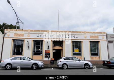 Das Scinde-Gebäude und die Scinde Lodge No. 5 in der Tennyson Street in Napier, einer Küstenstadt an der Hawkes Bay auf der Nordinsel Neuseelands. Danach wieder aufgebaut Stockfoto