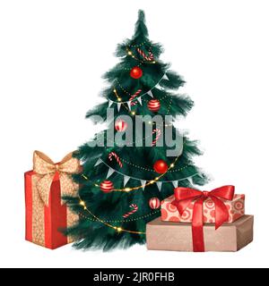 Weihnachtsbaum mit Dekorationen und Geschenkschachteln. Abbildung Urlaub . Stockfoto