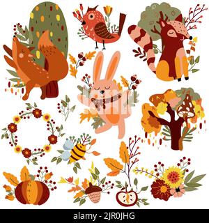 Herbst Set, niedliche Waldtiere und Herbstelemente, schlauer Fuchs, tanzender Hase, lustiger Waschbär, bunte Bäume, Blätter, Blumen. Perfekt für Web, Erntefest, Banner, Karten und Thanksgiving. Stock Vektor