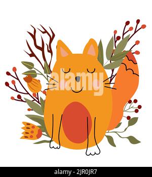 Herbstzusammensetzung mit gelber Katze, einer Blume, roter Beere und Blättern. Niedlicher Herbst. Perfekt für Web, Erntefest, Banner, Karten und Thanksgiving Stock Vektor