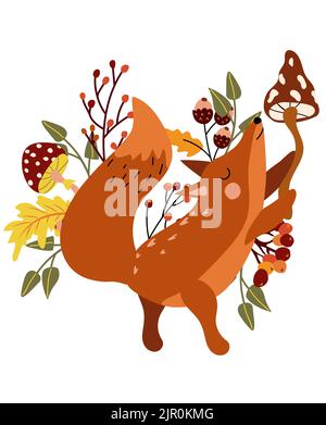 Cute Herbst Komposition mit listigen Fuchs hält den Pilz, bunte Blätter, Eichel, Beere. Perfekt für Web, Erntefest, Banner, Karten und Thanksgiving Stock Vektor