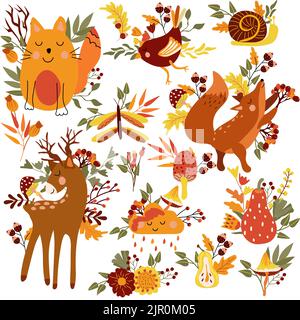 Niedliche Waldtiere und Herbstelemente, schlauer Fuchs, lustige Katze, Vogel, Hirsch, Bunte Blätter, Blumen, Pilze.perfekt für Web, Erntefest, Banner, Karte und Thanksgiving Stock Vektor