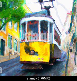 Retro-Straßenbahn in der alten Straße von Lissabon, Portugal. Ölgemälde Wandkunst. Druck für Plakat, Karte, Leinwand, Cover, Banner, Stoff. Stockfoto
