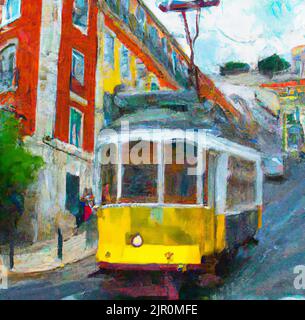 Retro-Straßenbahn in der alten Straße von Lissabon, Portugal. Ölgemälde Wandkunst. Druck für Plakat, Karte, Leinwand, Cover, Banner, Stoff. Stockfoto