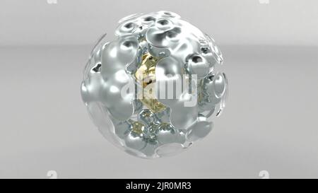 Flüssiges Metall surreales Objekt basierend auf Meta-Kugeln Kugeln Kugeln in Glas Wasser Flüssigkeit Motion Design intro 3D Rendering Stockfoto
