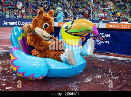 München, Deutschland. 20. August 2022. Europameisterschaften, Europameisterschaften, Leichtathletik, Maskottchen 'Gfreidi' in Aktion. Quelle: Sven Hoppe/dpa/Alamy Live News Stockfoto