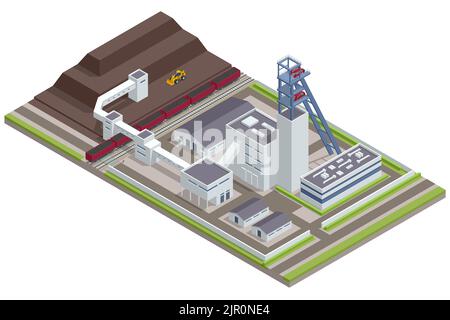 Isometrische Fabriken oder Industrieanlagen, Schwerindustrie. Kohlebergbau. Industriekonzept. Minengebäude. Stock Vektor