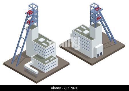 Isometrische Fabriken oder Industrieanlagen, Schwerindustrie. Kohlebergbau. Industriekonzept. Minengebäude. Stock Vektor