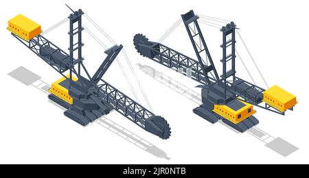 Isometrischer Schaufelradbagger. BWE, kontinuierliche Grabmaschine im großen Tagebaubetrieb, die Tausende von Tonnen Überlast beseitigt Stock Vektor
