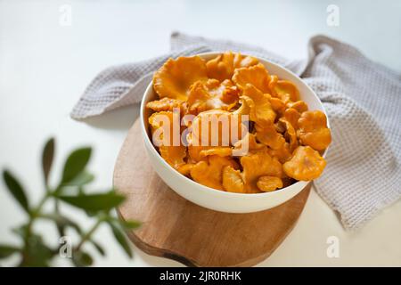 Frische rote Pfifferlinge auf einem weißen Teller und grüne Salbeiblätter auf weißem Holzgrund Stockfoto