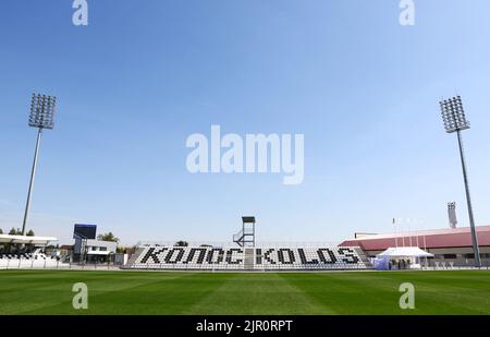 Kovalivka, Ukraine - 2. September 2020: Panoramablick auf das Kolos-Stadion im Dorf Kovalivka, Kiew-Gebiet. Das Gaststadion des Fußballvereins FC Kolos Kovalivka. Kapazität 5000 Zuschauer Stockfoto