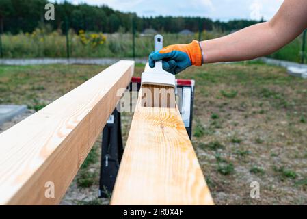 Die Frau imprägniert roh gehobelte Kiefernbalken mit Abmessungen von 100x100mm mit einer farblos imprägnierten. Stockfoto