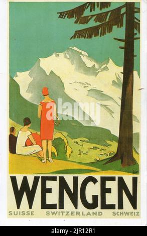 Vintage-Reiseplakatkunst von Otto Ernst aus dem Jahr 1920 mit einer Tal- und Bergszene, die von drei modisch gekleideten Menschen übersehen wird, in Wengen, Schweiz Stockfoto