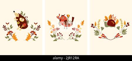 Herbstzusammensetzung mit Igel, Schnecke, Vogel, Blume, roter Beere und Blättern. Niedlicher Herbst. Perfekt für Web, Erntefest, Banner, Karten und Thanksgiving. Vektorgrafik Stock Vektor