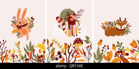 Niedliche Herbstkomposition mit einem lustigen Kaninchen, Hirsch und Waschbär und Herbstblättern, Pilz. Perfekt für Web, Erntefest, Banner, Karten und Thanksgiving. Vektorgrafik. Stock Vektor