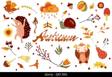 Herbstposter mit tanzendem Igel, witziger Schnecke, niedlicher Eule und Herbstelementen, Blättern, Beeren, Blumen und anderem. Perfekt für Web, Erntefest, Banner, Karten und Thanksgiving. Vektorgrafik Stock Vektor