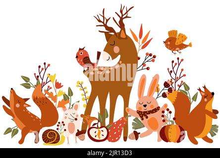 Niedliche Herbsttiere, Lustige Hirsche, listiger Fuchs, Maus, Fliegenvögel, Niedliches Eichhörnchen und bunte Kürbis, Blätter. Perfekt für Web, Erntefest, Banner, Poster, Karten und Thanksgiving. Vektor. Stock Vektor