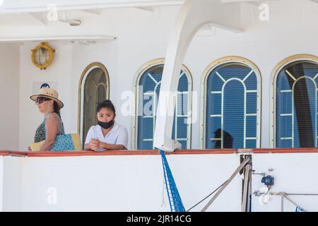 Royal Clipper kam am 21. August 2022 im Hafen von Zadar in Zadar, Kroatien an.inspiriert vom Hochschiff Preussen, hat die Royal Clipper die stolze Auszeichnung, das größte und einzige fünfmastige Vollschiff zu sein, das seit der Markteinführung ihres Vorgängers Anfang des letzten Jahrhunderts gebaut wurde. Das Schiff Royal Clipper ist ein Passagierschiff (Cruise), das 2000 (22 Jahre alt) gebaut wurde und derzeit unter der Flagge von Malta segelt. Foto: Sime ZELIE/PIXSELL Stockfoto