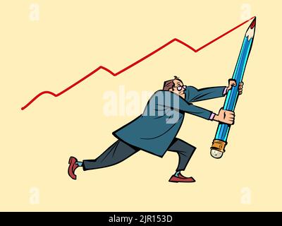 Ein männlicher Geschäftsmann zeichnet ein Umsatzdiagramm mit einem großen Bleistift, Wirtschaftsindikatoren Konzept Stock Vektor