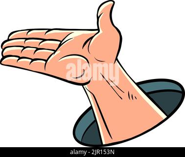 Ein Mann streckte die Handfläche aus. Um Hilfe, Armut und Nächstenliebe bitten. Geste der leeren Hand Stock Vektor