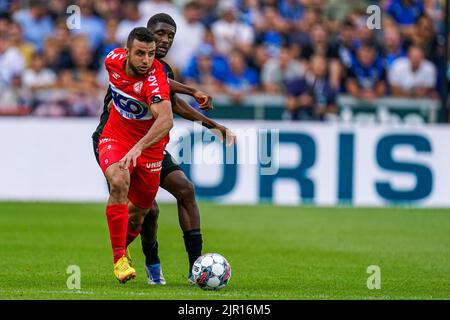 BRUGGES, BELGIEN - 21. AUGUST: Bilral Messaoudi von KV Kortrijk während des Jupiler Pro League-Spiels zwischen dem Club Brugge KV und KV Kortrijk am 21. August 2022 im Jan Breydelstadion in Brugges, Belgien (Foto: Joris Verwijst/Orange Picles) Stockfoto