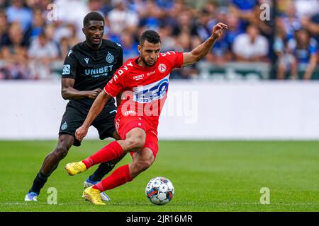BRUGGES, BELGIEN - 21. AUGUST: Bilral Messaoudi von KV Kortrijk während des Jupiler Pro League-Spiels zwischen dem Club Brugge KV und KV Kortrijk am 21. August 2022 im Jan Breydelstadion in Brugges, Belgien (Foto: Joris Verwijst/Orange Picles) Stockfoto