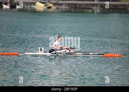 Bayern, Oberschleißheim: 21. August 2022, Kanu: Europameisterschaft, Kayak Single, 500m, Frauen, Ein Finale. Jule Hake aus Deutschland. Foto: Ulrich Gamel/Kolbert-Press/dpa Stockfoto