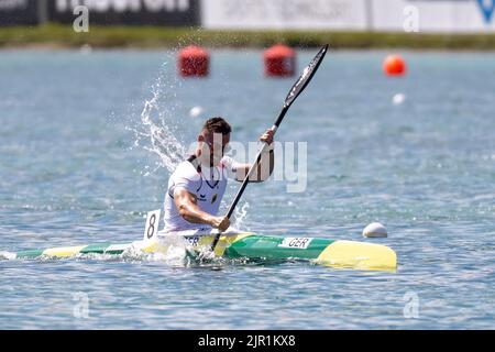 Bayern, Oberschleißheim: 21. August 2022, Kanu: Europameisterschaft, Kayak Single, 200m, Männer, Endgültig. Jonas Draeger aus Deutschland im Einsatz. Foto: Ulrich Gamel/Kolbert-Press/dpa Stockfoto