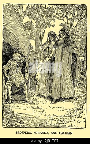 Prospero, Miranda und Caliban - der Sturm aus dem Buch "Tales from Shakespeare" von William Shakespeare herausgegeben von Charles und Mary Lamb illustriert von Louis Rhead, Verlag New York, London, Harper & Bros im Jahr 1918 Stockfoto