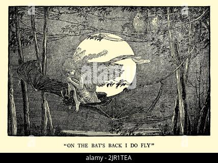'On the bat's Back I Do Fly' - The Tempest aus dem Buch 'Tales from Shakespeare' von William Shakespeare, herausgegeben von Charles und Mary Lamb, illustriert von Louis Rhead, Verlag New York, London, Harper & Bros im Jahr 1918 Stockfoto