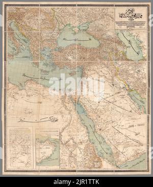 Omoumi Mamalik Mahrousi Shahani. (Allgemeine Karte der geschützten Länder. Osmanisches Reich). Istanbul. Matbaa-i Amire. 1312 (1896). Von Paşa, Ali Şeref Colour Lithograph map 150x124, in 24 Sektionen 20x32 zerlegt und auf Leinen montiert. Die Karte ist in osmanischer Schrift, deckt das Osmanische Reich, den Balkan und die Arabische Halbinsel ab. Es wurde vom Regierungskartenbüro in Istanbul unter der Leitung von Ali Sheref Pascha entworfen, der auch als Hafız Ali Eşref bekannt war, der erste moderne türkische Kartograph. Karte mit Städten, Städten, Straßen, Eisenbahnen und Flüssen. Relief durch Hachures. Stockfoto