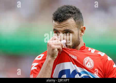 Brügge, Belgien, 21. August 2022, Kortrijks Billal Messaoudi reagiert während eines Fußballmatches zwischen dem Club Brugge und dem KV Kortrijk am Sonntag, 21. August 2022 in Brügge, am Tag 5 der ersten Division der belgischen Meisterschaft 2022-2023 in der „Jupiler Pro League“. BELGA FOTO BRUNO FAHY Stockfoto