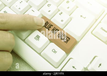 Konzeptdarstellung Blue hat Hacker. Internet Concept Person Consulting-Unternehmen, die Bug-System vor der Einführung -49049 Stockfoto