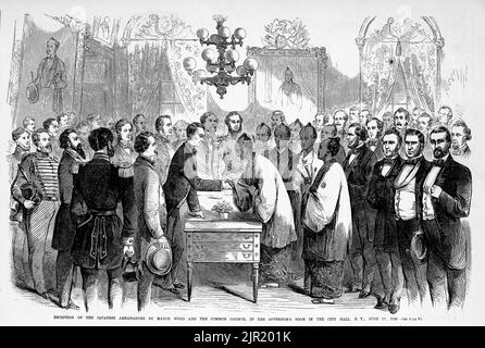 Empfang der japanischen Botschafter durch Bürgermeister Fernando Wood und den Gemeinsamen rat im Gouverneurssaal im Rathaus, New York, 18.. Juni 1860. Japanische Botschaft in den Vereinigten Staaten. 19.. Jahrhundert Illustration aus Frank Leslie's Illustrated Newspaper Stockfoto