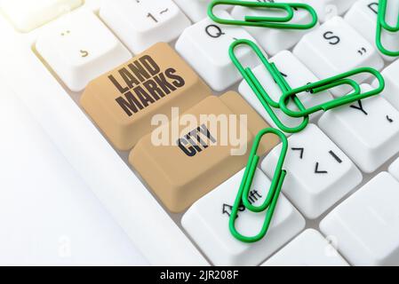 Textschild mit Landesmarken Stadt. Geschäftskonzept wichtige Architekturorte in den Städten zu besuchen -48560 Stockfoto