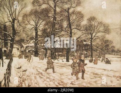 An Afternoon When the Gardens were white with Snow from the book ' Peter Pan in Kensington Gardens ' from ' The Little white Bird ' von Barrie, J. M (James Matthew) 1860-1937, Illustrated by Arthur Rackham Publisher Hodder & Stoughton 1910 Stockfoto