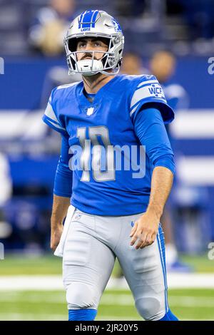 20. August 2022: Detroit Lions Quarterback David Blough (10) während des Vorspiels der NFL-Vorsaison zwischen den Detroit Lions und den Indianapolis Colts im Lucas Oil Stadium in Indianapolis, Indiana. Detroit besiegte Indianapolis 27-26. John Mersits/CSM. Stockfoto