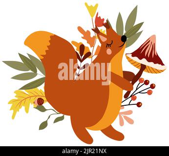 Herbstkomposition mit einem niedlichen Eichhörnchen mit einem Pilz, Herbstbeeren, Blättern und Ästen.Süßer Herbst, perfekt für Web, Erntefest, Banner, Karte und Danksagungen. Vektorgrafik. Stock Vektor