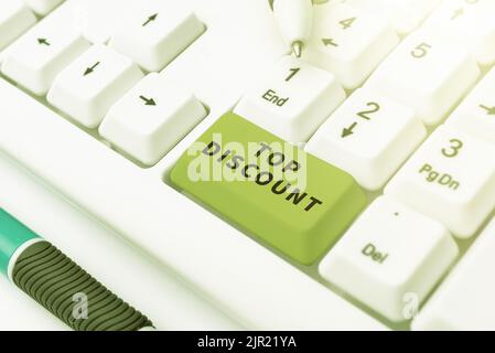 Schild mit dem oberen Rabatt. Wort geschrieben auf Best Price Guaranteed Hot Items Crazy Sale Promotions -49153 Stockfoto