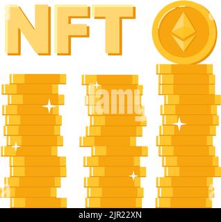NFT-Technologie, ethereum-Münzen. Blockchain-Technologie Ethereum, Münzstapel, Akkumulation. Vektorgrafik, Banner in flacher Form Stock Vektor