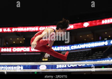 20. August 2022: Asher Hong (Cypress Academy) tritt im Senior Men's Finale bei der U.S. Gymnastics Championship 2022 an. Die Veranstaltung findet in der Amalie Arena in Tampa, FL, statt. Melissa J. Perenson/CSM Stockfoto