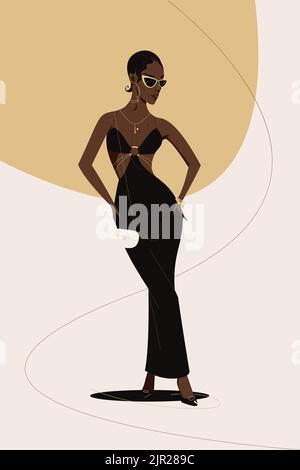 Elegante afroamerikanische Frau, die in einem schwarzen Kleid und Goldschmuck posiert. Mode und Schönheit flache Vektor-Illustration auf abstraktem Hintergrund. Stock Vektor