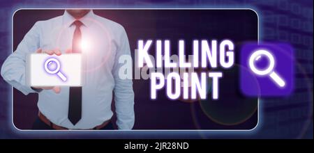Schild mit Killing Point. Konzeptfoto Phase End Review Stage Gate Projektevaluation No Go man in Digital Frame zeigt Mobiltelefon mit Stockfoto