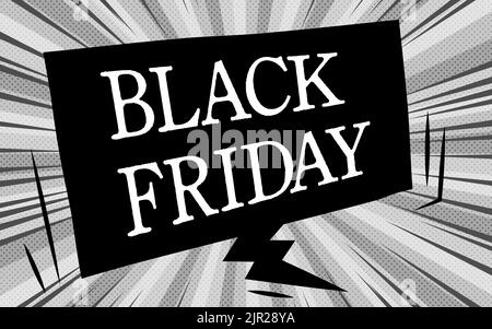 Black Friday Hintergründe, Black Sunburst und American Comic Style Ballons Stock Vektor