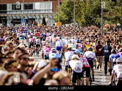 BREDA - Fahrer überqueren die Ziellinie unter dem wachsamen Auge vieler Zuschauer während der dritten Etappe der Vuelta a Espana (Vuelta a Espana). Die dritte Etappe der Vuelta beginnt und endet in Breda. ANP SEM VAN DER WAL Stockfoto